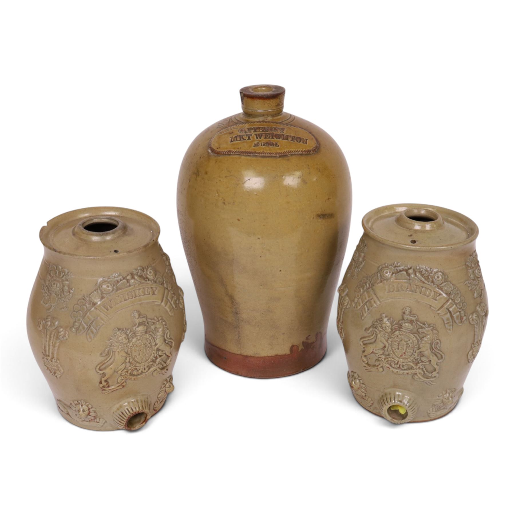 Stoneware flagon, impressed G Piercy Mkt Weighton 2 Gall, together with two salt-ware sprit barrels for Whisky and Brandy 