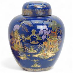 Large Carlton ware ginger jar and cover decorated in the New Mikado pattern on a blue ground H33cm, matching candlestick and a Masons Ironstone pink Vista pattern ginger jar and cover H23cm