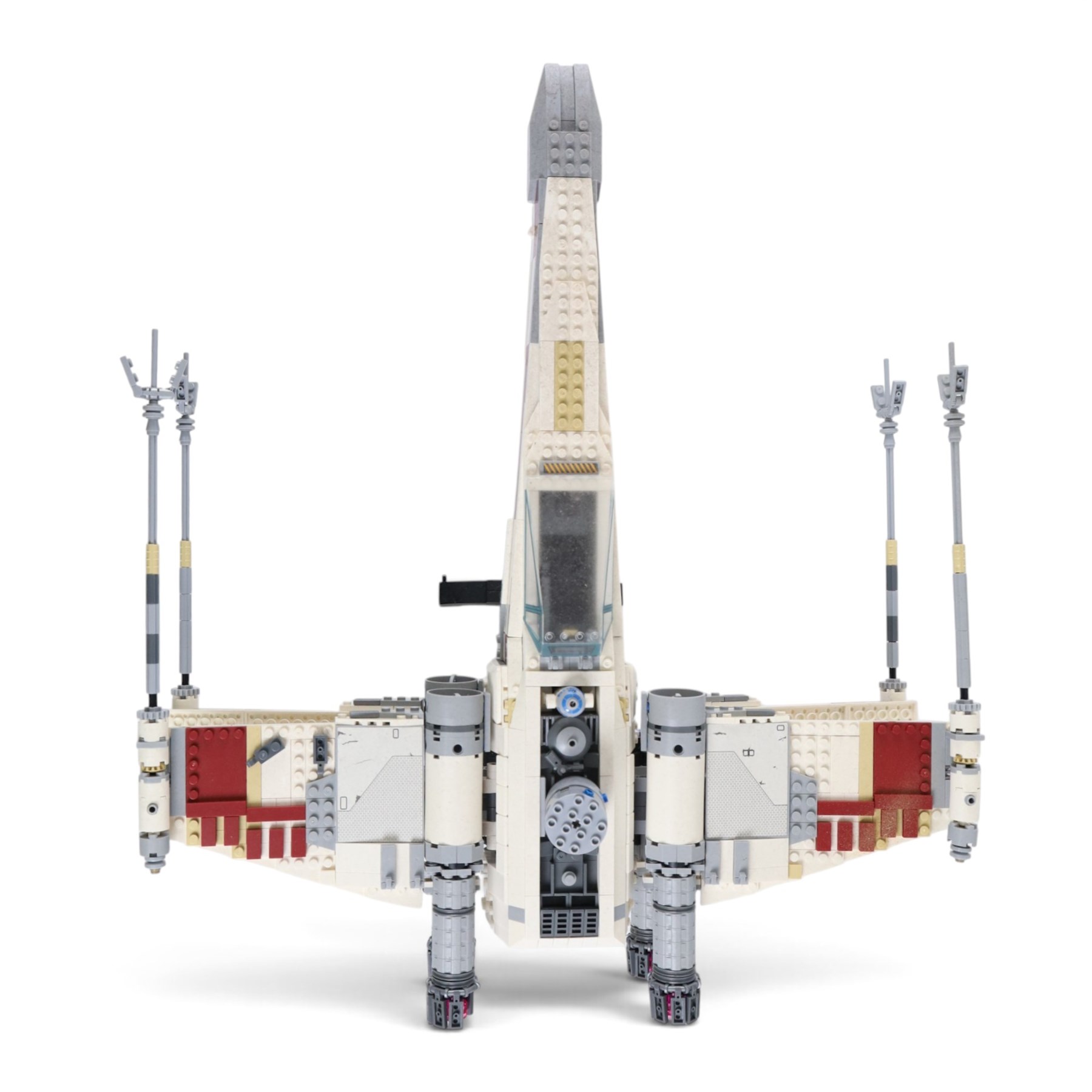 Three Lepin Star Wnrs built models, comprising Red Five X-Wing Starfighter no. 05039, Millennium Falcon no. 05132 and Super Star Destroyer no. 05028