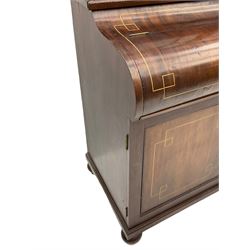19th century mahogany piano top secretaire bookcase, two astragal doors above curved hinged retractable writing compartment, above two cupboards