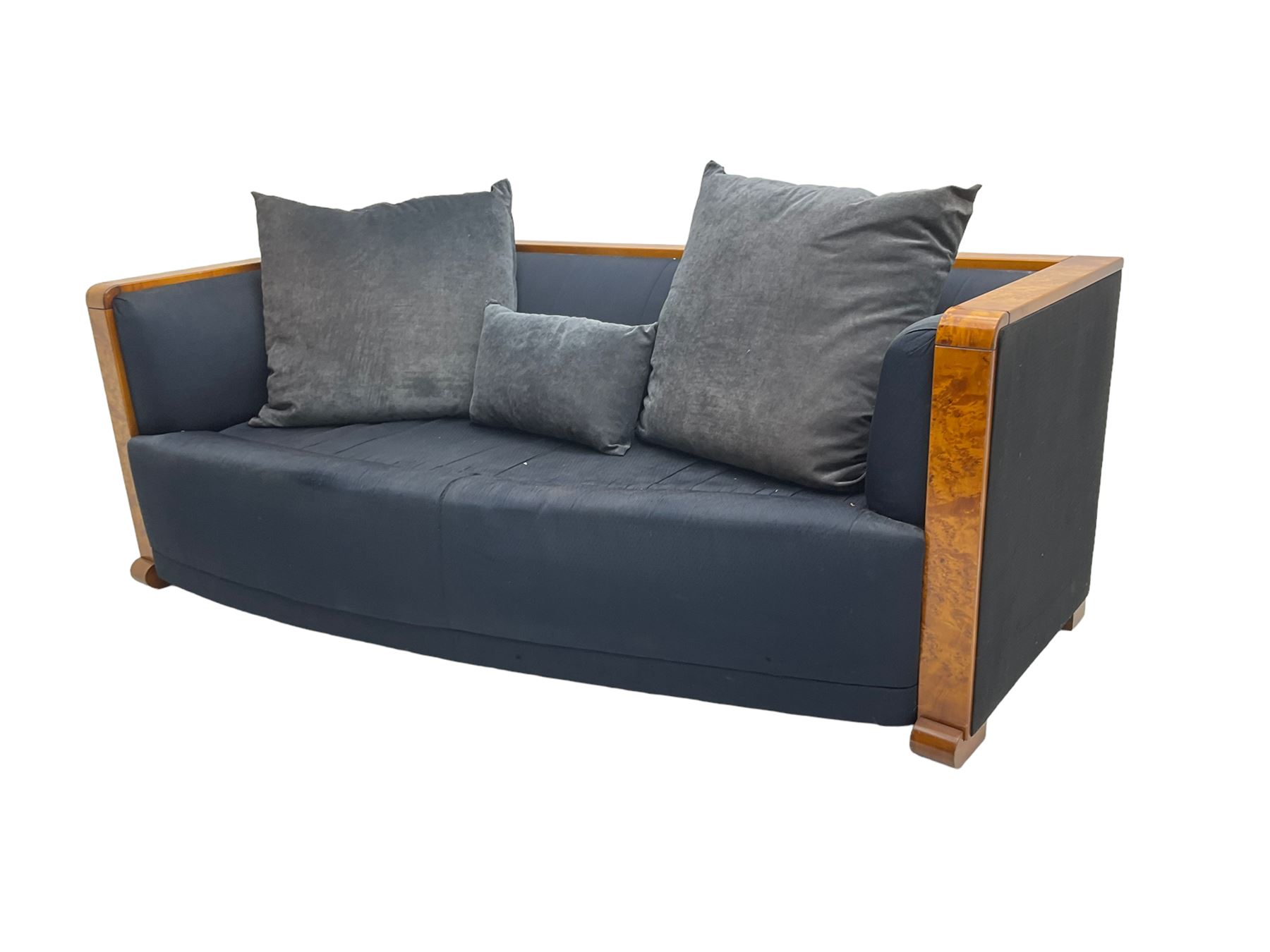 Thörmer Polstermöbel - Art Deco style sofa, of curved tapering form, framed in figured burr elm, upholstered in blue fabric with loose cushions