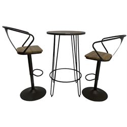 NEXT Home - rustic pine and wrought metal bistro table, circular top over dark grey metal base (W61cm H104cm); and pair of matching high stools, with swivel and adjustable height action (H113cm)