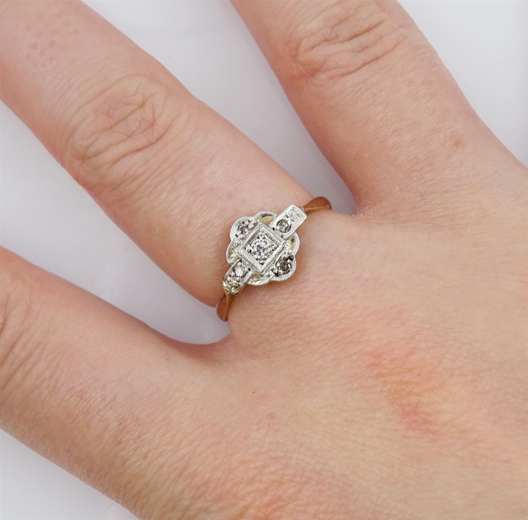 Art deco gold and platinum milgrain set diamond ring, stamped 9ct & Plat