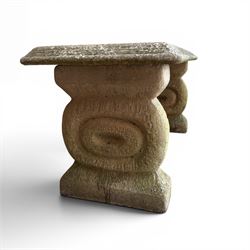 Three piece weathered cast stone garden bench, rectangular top on rounded detailed base