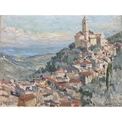 Edgar Wood (British 1860-1935): 'Castellano' Continental Hilltop Town, oil on board signed and dated 1922, 22cm x 28cm