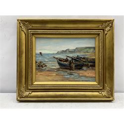 James William Booth (Staithes Group 1867-1953): Cobles on the Beach at Runswick Bay, oil on canvas signed 22cm x 30cm
Provenance: private Yorkshire collection purchased T B & R Jordan, Fine Art Specialists, Stockton on Tees, labelled verso