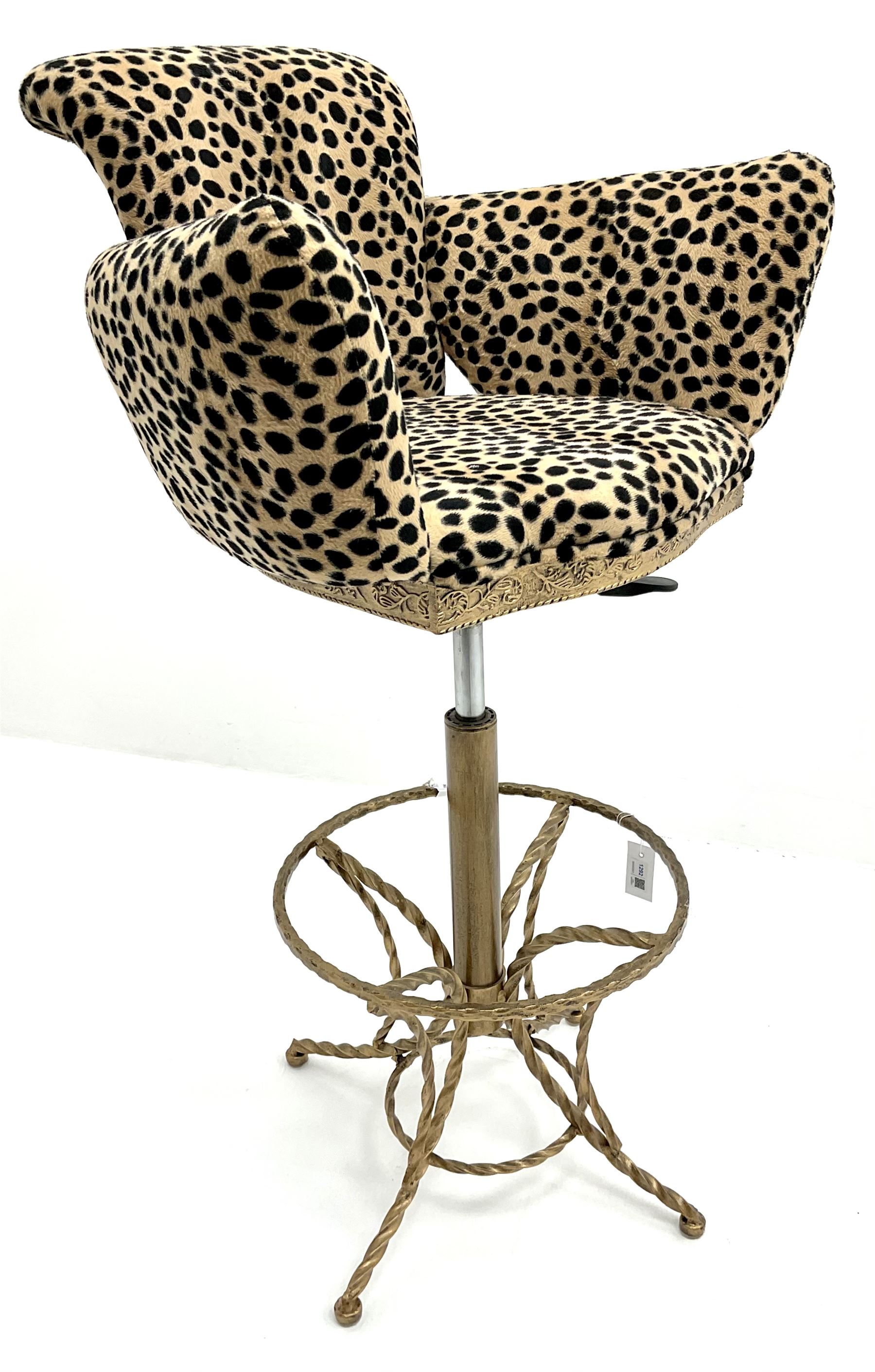 Late 20th century tub shaped bar stool upholstered in leopard print fabric, on gilt finish twisted metal frame, adjustable height, H109cm (max height to back)