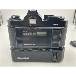 Nikon FM2n camera body, serial no. N8683100, with 'Nikon Zoom-NIKKOR 35-70mm 1:3.3-4.5' len, serial no. 2236565, Nikon MF-16 data back, serial no. 212905 and Nikon MD-12 Motor Drive, serial no 1570382 