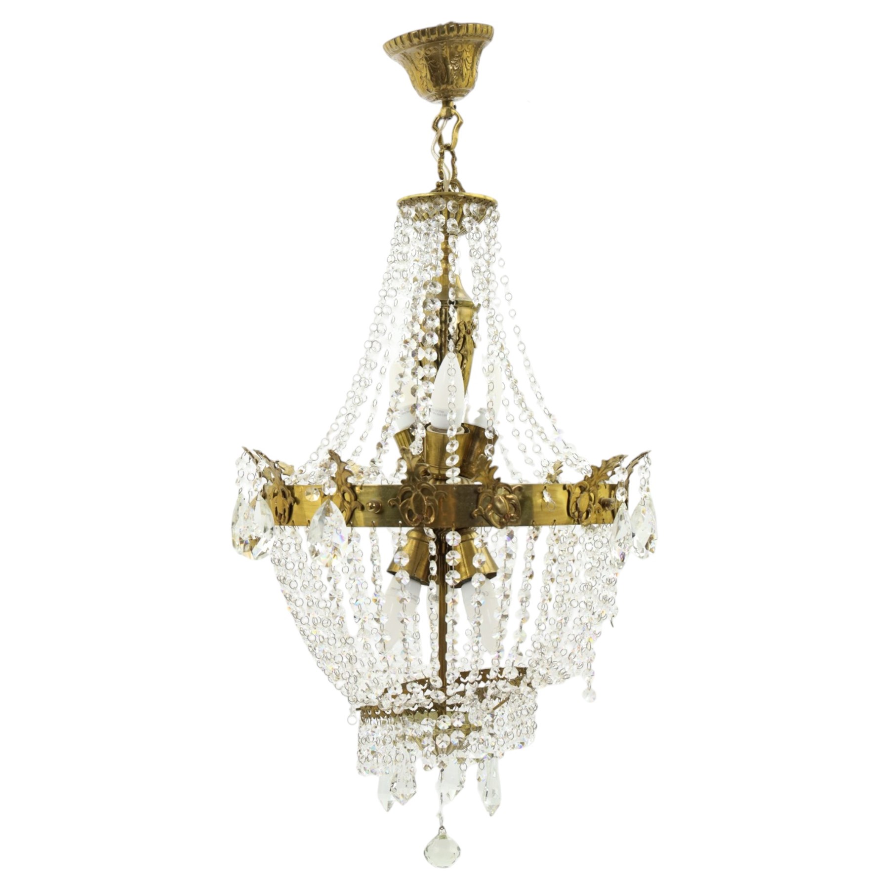 Empire design brass and crystal chandelier, the two circular brass tiers with foliate mounts, connecting the cascading crystal garlands, with prismatic drops