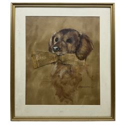 Pollyanna Pickering (British 1942-2018): Puppy with a Newspaper, mixed media signed 45cm x 38cm