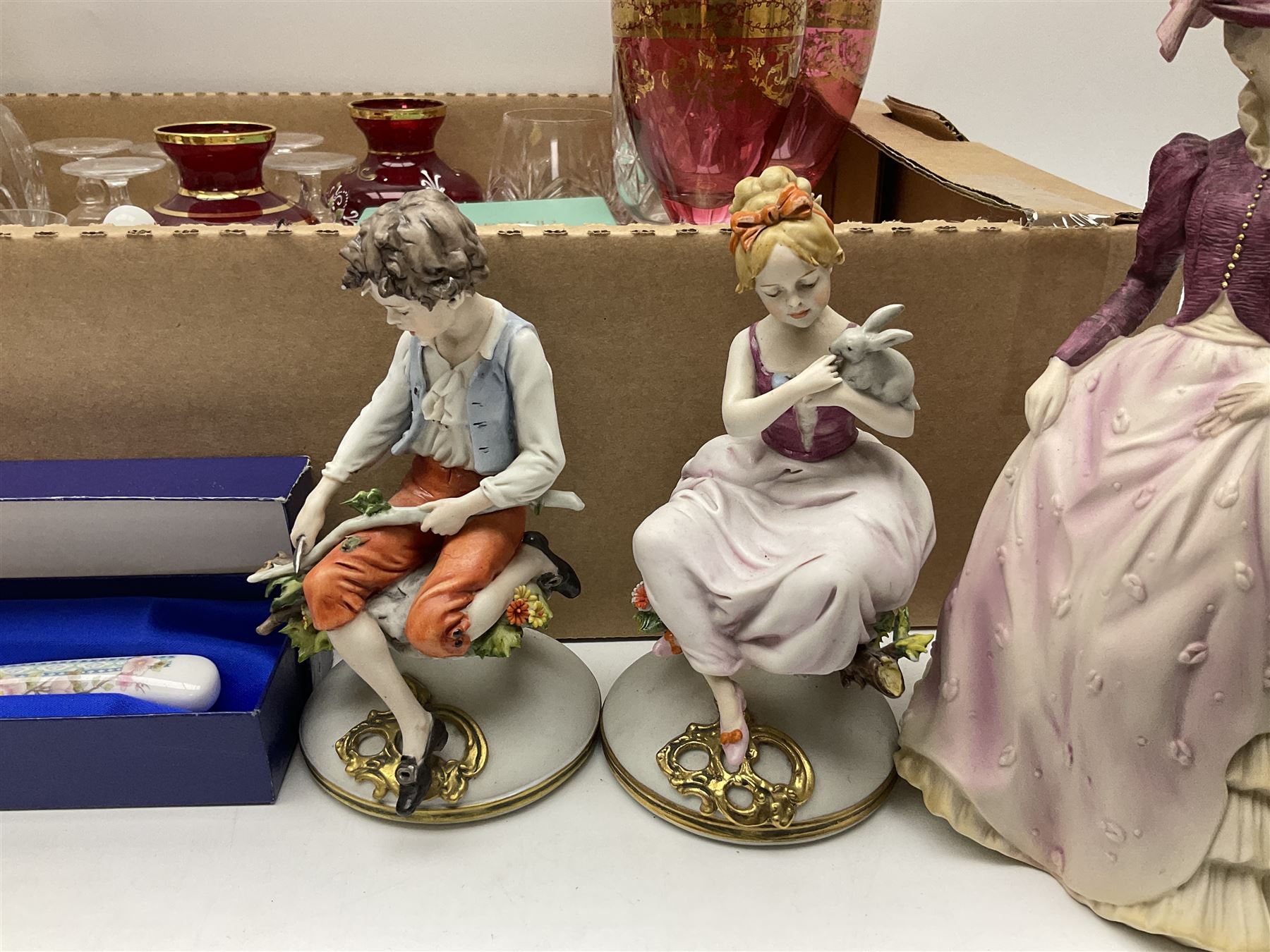 Murano glassware; Coalport and other figures; cut glassware including two decanter sets; drinking glasses; small collection of table bells; royalty commemorativeware etc