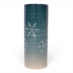 Dennis China Works trial vase of cylindrical form, decorated with snowflakes on a green ground, H23cm 