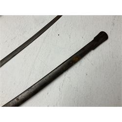 19th century Imperial German army heavy cavalry officers sword by Schnitzler and Kirschbaum, with 89cm single fullered steel blade and sheet steel basket hilt with teardrop cut-out and wire-bound leather grip L107.5cm overall; in steel scabbard with two suspension rings; and British Army 1822 Pattern Infantry Officer's sword in associated scabbard (2)