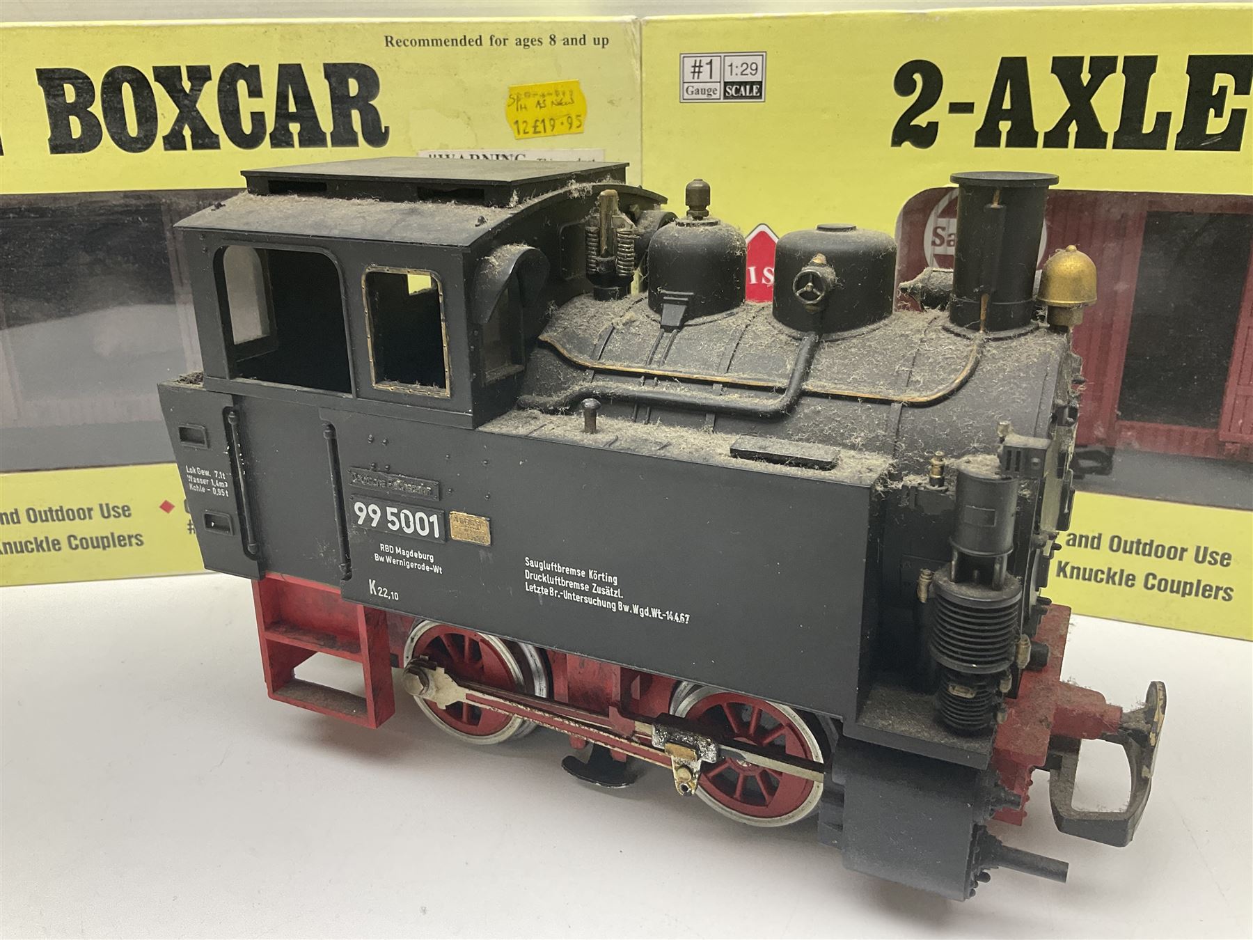 LGB (Lehmann Gross Bahn) G scale, gauge 1 - 0-4-0 tank locomotive No.995001; unboxed; and two American Aristo Craft Trains 2-axle boxcars Santa Fe and Pennsylvania; both boxed (3)