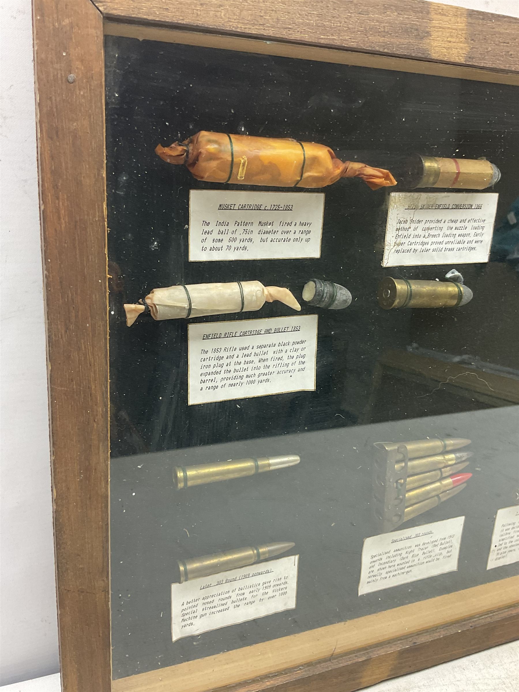 SECTION 1 FIRE-ARMS CERTIFICATE REQUIRED - Two cased specimen displays of annotated ammunition/cartridges - one entitled 'First World War Collection' containing twenty items including 7.63 Mauser, 7.65 Luger, .303, 7.62 x 54R Russian long, 455 Mk.II lead, 455 Auto etc; the other with sixteen items/clips including Musket cartridge, .577 Snider-Enfield, .577/45 Martini Henry, .303 Enfield Magazine, 7.62 Charger Clip, Specialised .303 rounds etc; largest case 41 x 76cm (2)
