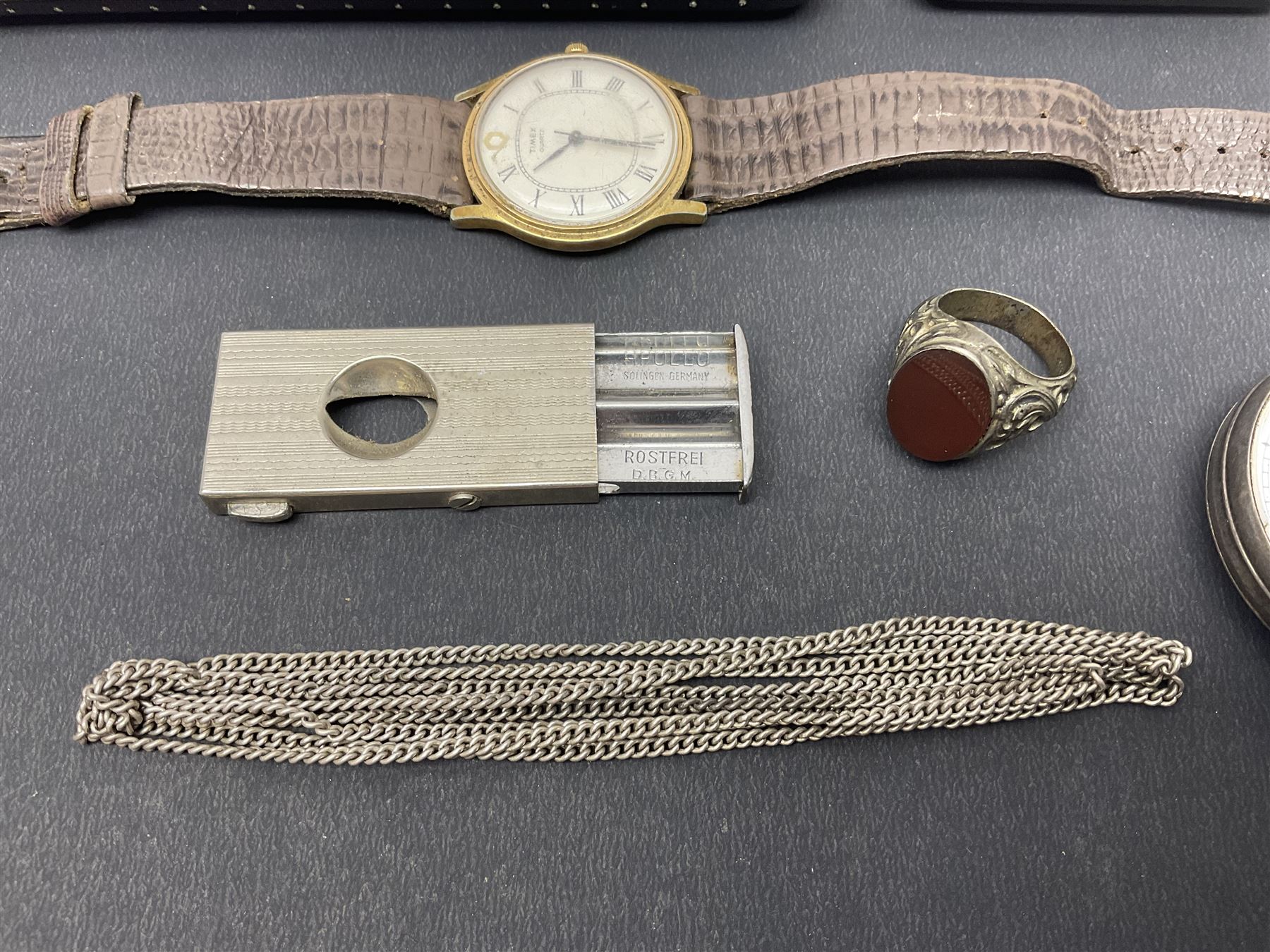 Gold plated Admiral full hunter pocket watch, together with a silver open face pocket watch, carnelian signet ring, Timex wristwatch, rolled gold Parker propelling pencil, Ronson Varaflame lighter and a plated cigar cutter