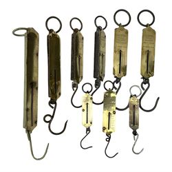 Six brass Salter spring balance scales, together with three similar smaller