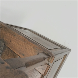 18th century oak box seat settle, panelled back, cresting rail initialled 'T.I', the moulded seat with hinged lid, down swept arms on octagonal faceted supports, fielded panelled base, engraved brass escutcheon initialled again 'T.I', W80cm, H149cm, D59cm