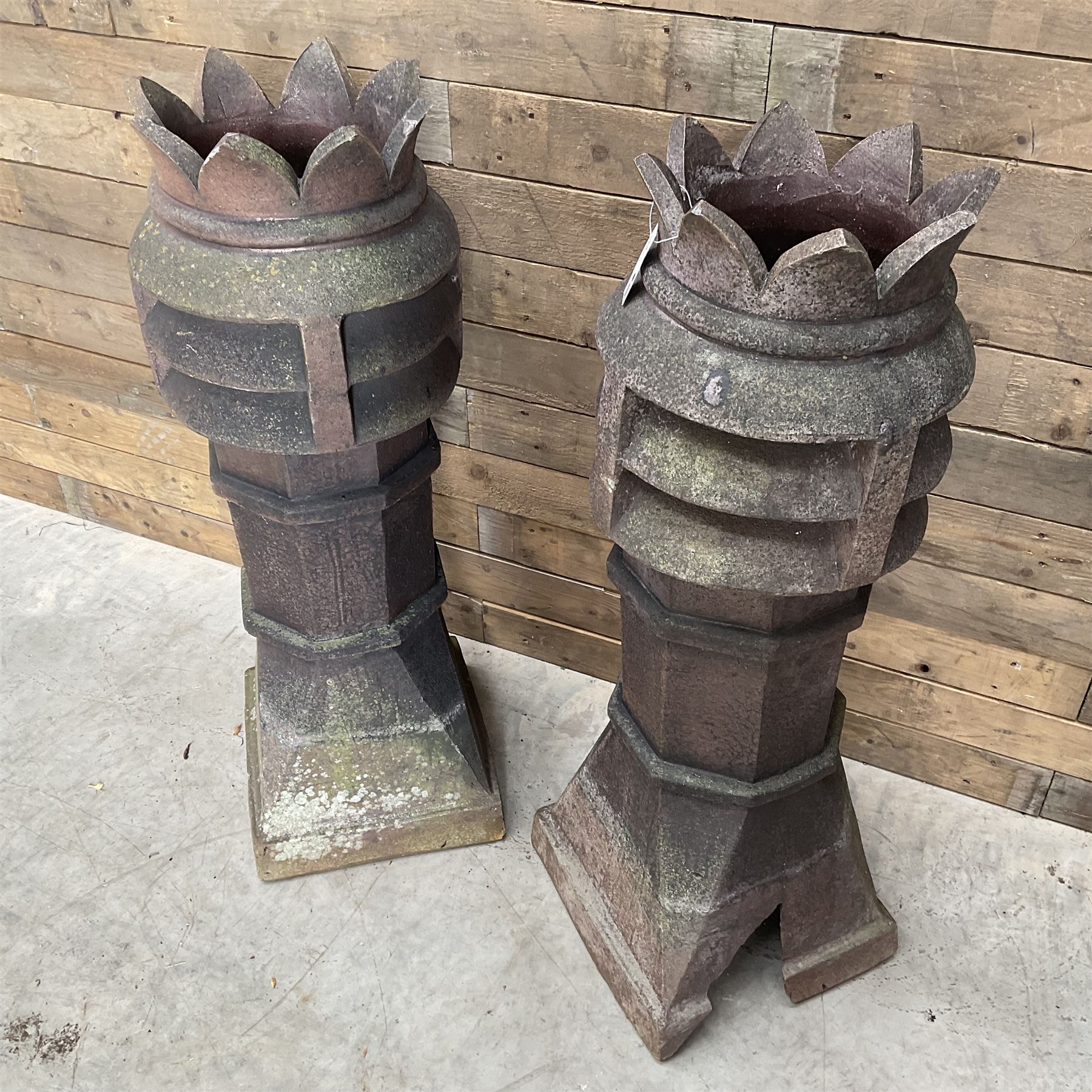 Pair of Victorian terracotta crown top chimney pots