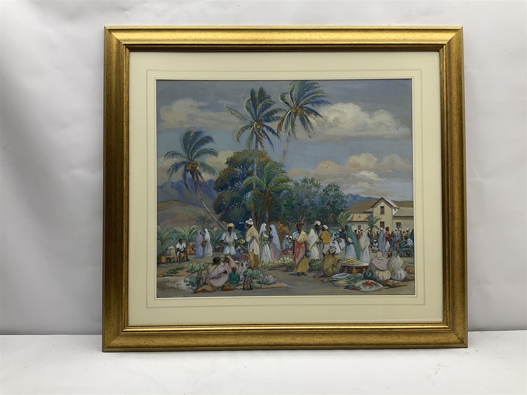 Hon. Mrs Kathleen Airini Vane (New Zealand 1891-1965): Ceylon Market, watercolour and gouache signed and dated '41, 54cm x 64cm 
Notes: 'Kitty' (née Mair), married Hon. Captain Ralph Vane, third son of Lord and Lady Barnard of Raby Castle, Yorkshire 
