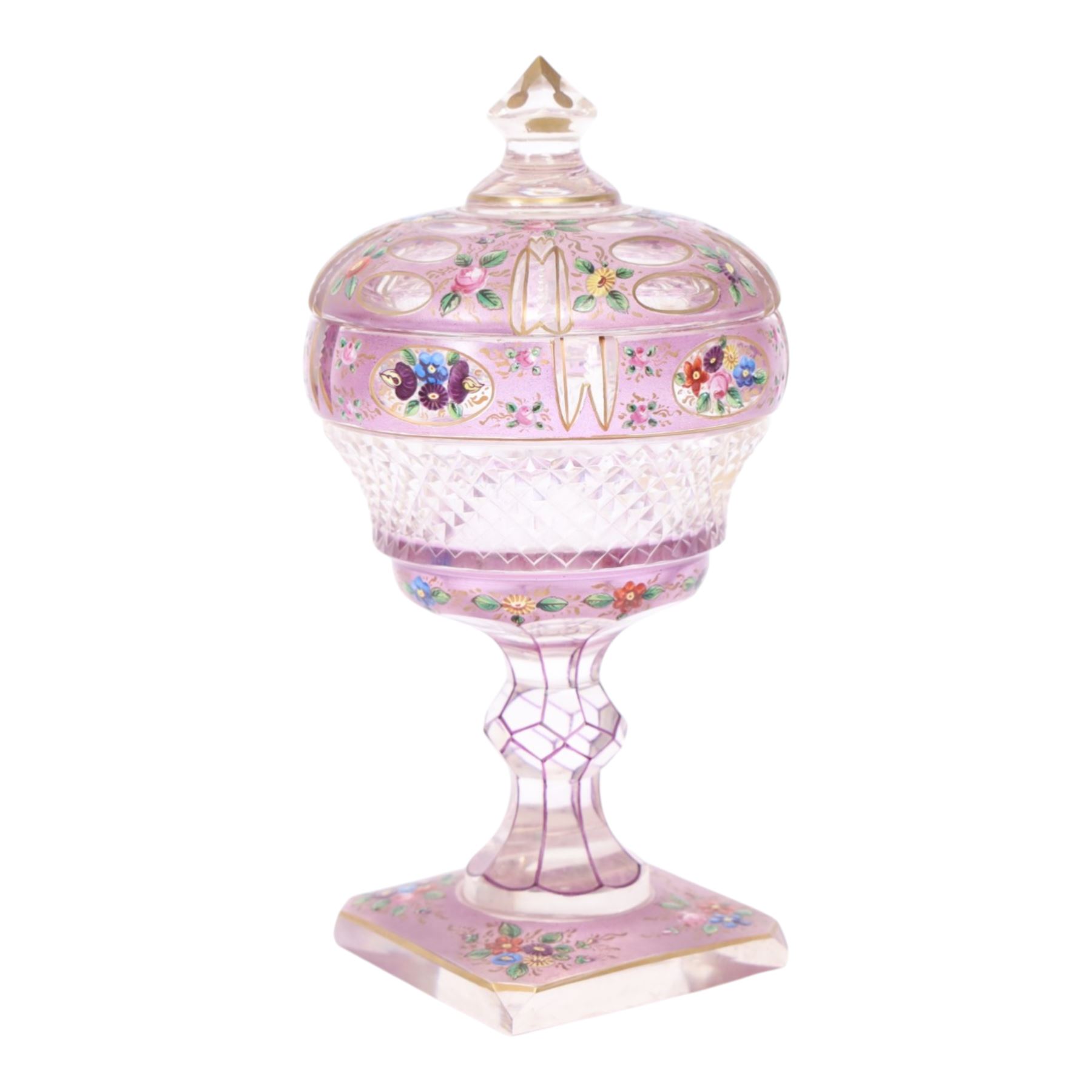 Victorian glass bon bon dish and cover, decorated with hand painted flowers and gilt detail, upon a knopped stem and square base, H22cm