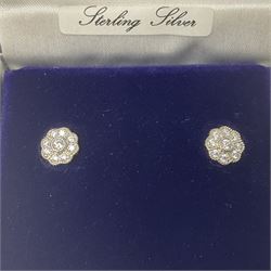 Pair of silver cubic zirconia daisy cluster stud earrings, boxed 