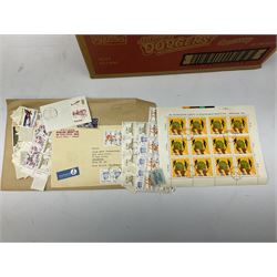 Quantity of Great British and World stamps, including Queen Elizabeth II mint decimal stamps, face value of usable postage approximately 264 GBP, used stamps in envelopes, first day covers, various Thailand stamps in albums, various reference books / catalogues etc, in two boxes