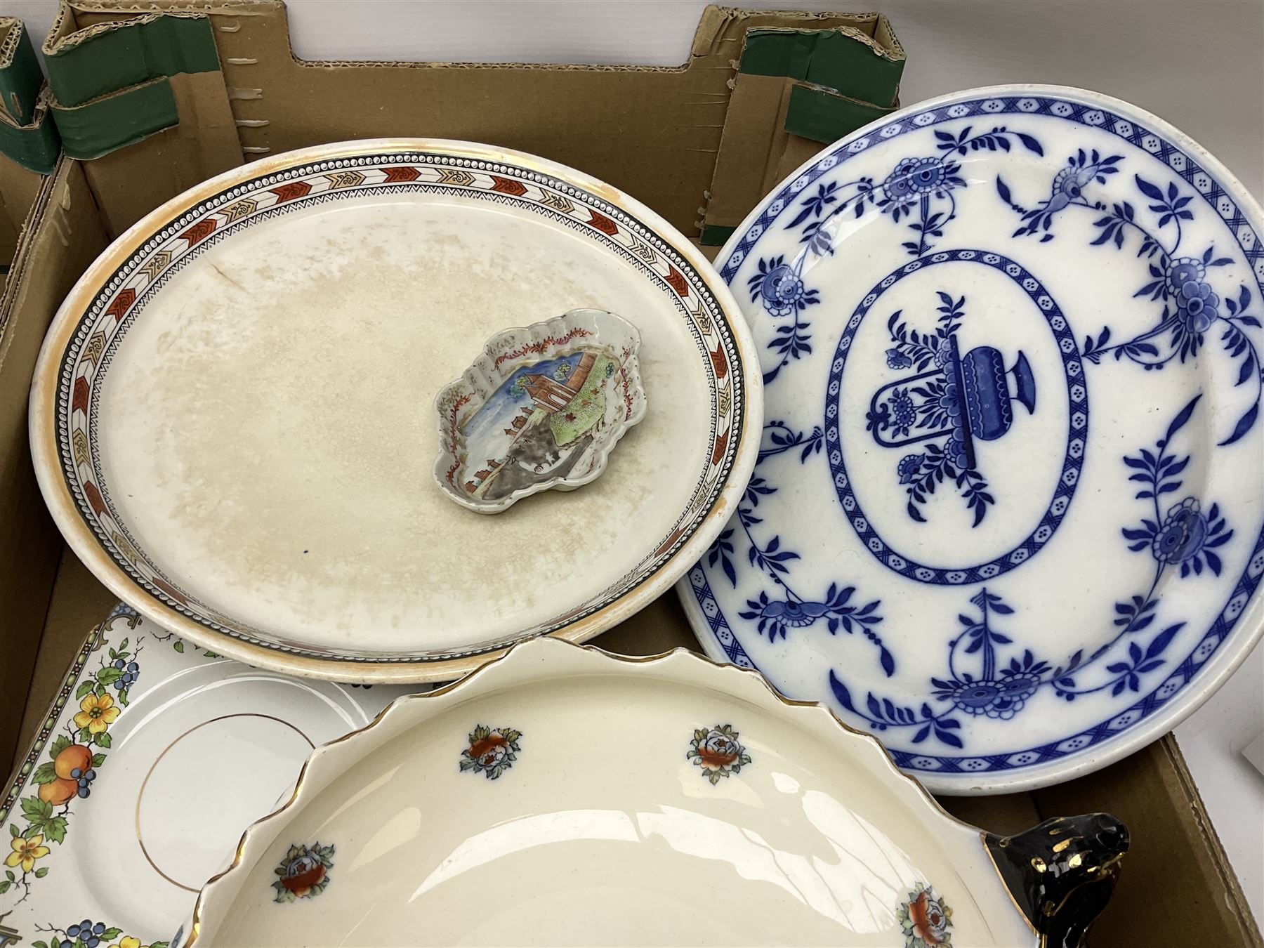 Large quantity of Victorian and later ceramics to include Spode Velamour twin handled vase, Bavaria Schumann Arzberg large circular stand and vase, Beswick Ware,  Spode, blue and white, Hanley and G Meakin, tea wares, figures, West German vase etc in six boxes