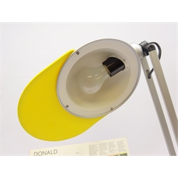  1980s Donald A390 desk lamp designed by  Perry King, Gianluigi Arnaldi and Santiago Miranda for Arteluce, with four interchangeable coloured plastic visors, with original catalogue featuring the lamp, H62cm   