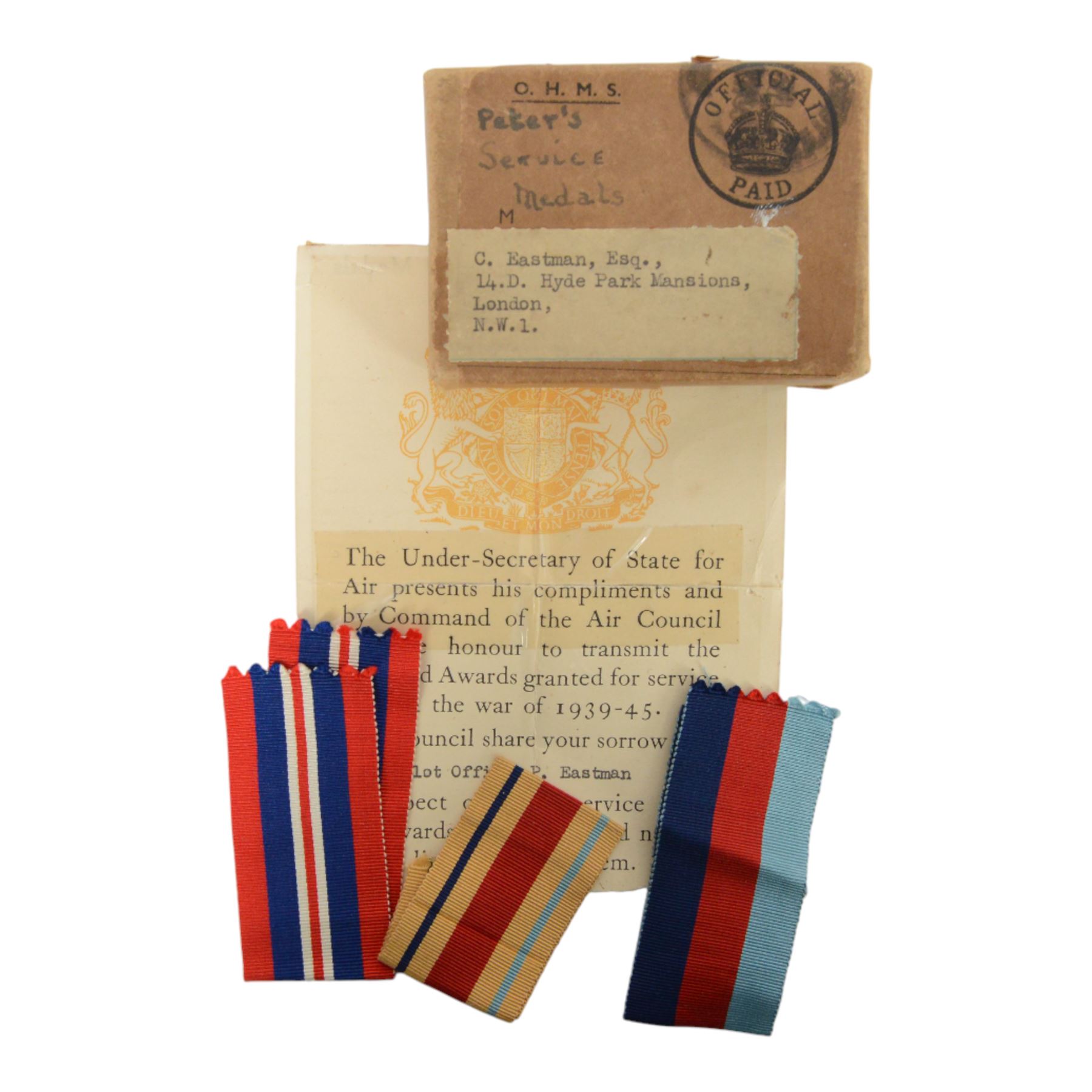 WWII trio, War medal, 1939-45 star and Atlantic star, awarded to Albert Harris R.N, together with WWII trio, War medal, 1939-45 star and The African Star, awarded to Pilot Officer P Eastman and another war and defence medal     