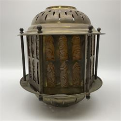 Early 20th century brass hall lantern, of hexagonal form, the pierced brass sides and gallery enclosing six moulded foliate amber glass panels, H30cm