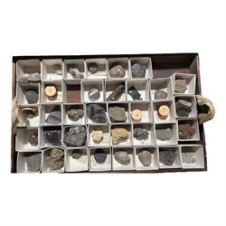 19th century box holding a collection of British Fossils, with makers label to the lid 'Collection of British Fossils to illustrate the textbooks and manuals of geology by Lyell, Page, Green & C, Arranged stratigraphically by James R. Gregory & Co mineralogisits .....', all samples numbered with and scribed name labels    
