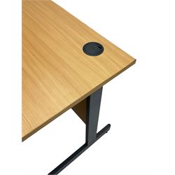 Light oak finish right hand desk on silver finish supports (W160cm, H73cm, D120cm), light oak finish right hand desk on grey finish supports with upright wire compartments (W160cm, H74cm, D120cm), and a light beech finish right hand desk on grey finish supports (W160cm, H72cm, D120cm), and two office screens upholstered in blue fabric (5)