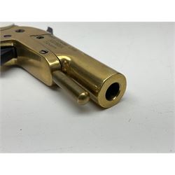 SECTION 1 FIRE-ARMS CERTIFICATE REQUIRED - Spanish Ardesa percussion vest pocket Derringer pistol, .31 cal. black powder; single shot; 6cm barrel; all brass body with white grips; no.14-13-013682-10 with Spanish certificate dated 2010 and box of one hundred balls