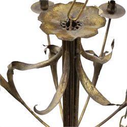 Early 20th century wrought iron and gilt metal twelve-light candle chandelier, with scrolling branches, stylised leaf decoration and chain suspension