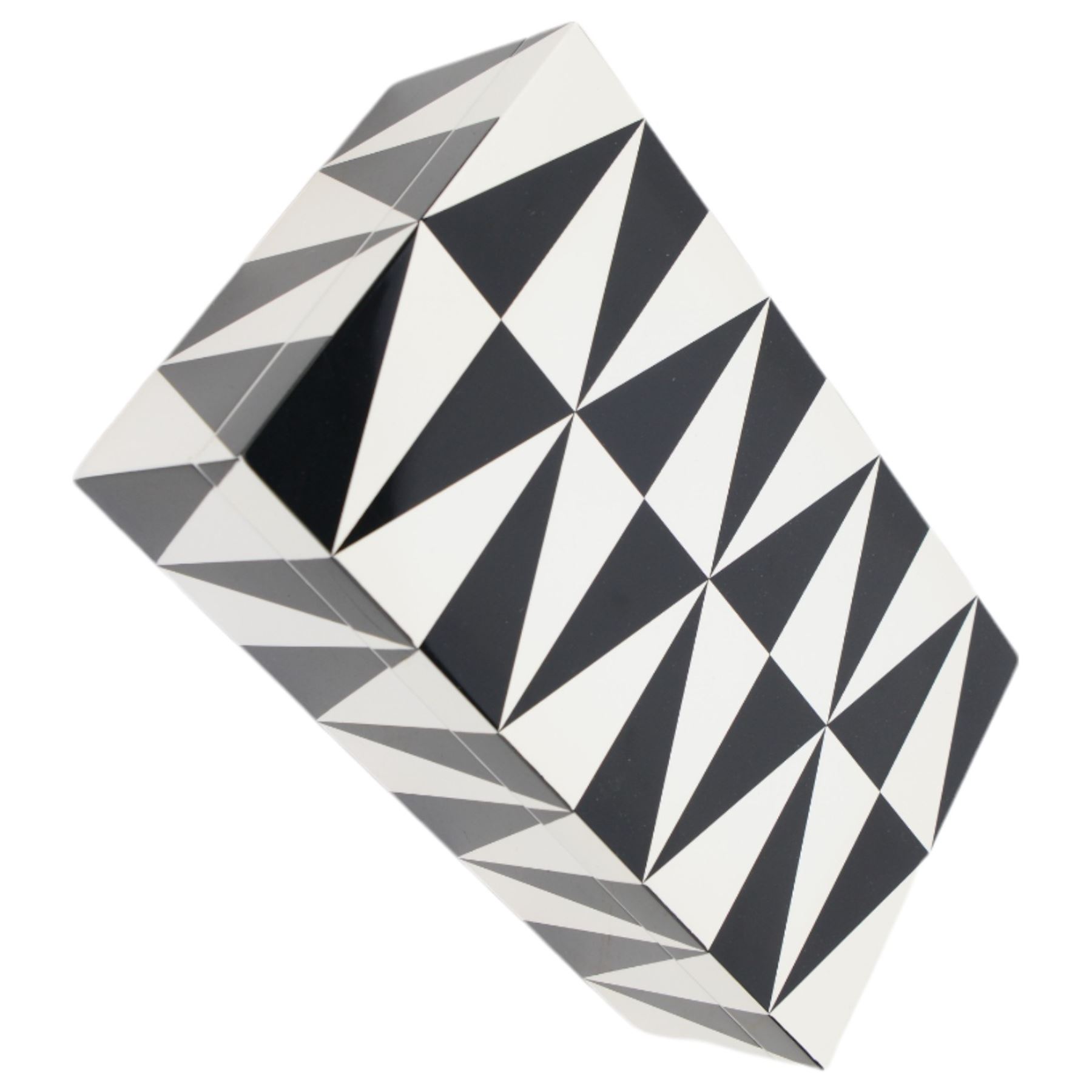 Four Jonathan Adler items, to include Op Art Lacquer box, in black and white geometric pattern, acrylic black Bel Air Scoop vase, Zebra Stacking dish and a white matte photograph frame, together with an Alexandra Von Frustenberg acrylic box with black and white geometric pattern