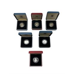 Six The Royal Mint United Kingdom silver proof coins, comprising 1983, 1986, 1988, 1988 piedfort, 1989 and 1990, all cased with certificates