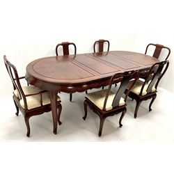 Chinese rosewood extending dining table, two leafs, shaped apron, carved, reed and tapering supports (W246cm, H78cm, D117cm) and set six (4+2) dining chairs, shaped cresting rail, carved splat, upholstered seat, tapering supports (W57cm)