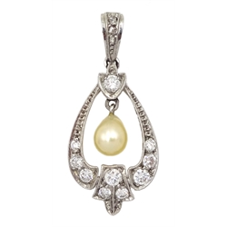 Platinum diamond and pearl, milgrain set pendant 