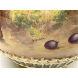 Mid 20th century Royal Worcester potpourri vase and cover decorated by Alan Telford, of ovoid form with inner cover and pierced gilt outer cover with bud finial, upon short gilt circular foot, the body part moulded with basket weave bands in gilt and bronze, and hand painted with a still life of fruit upon a mossy ground, signed Telford, with black printed mark beneath and painted shape number 1286, H25.5cm