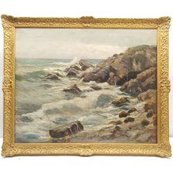 Jeno Karpathy (Hungarian 1870-1950): Waves Breaking on the Coast, oil on canvas signed 63cm x 79cm