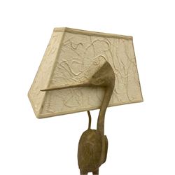 Carved wood standing heron standard lamp, composite base, with shade
