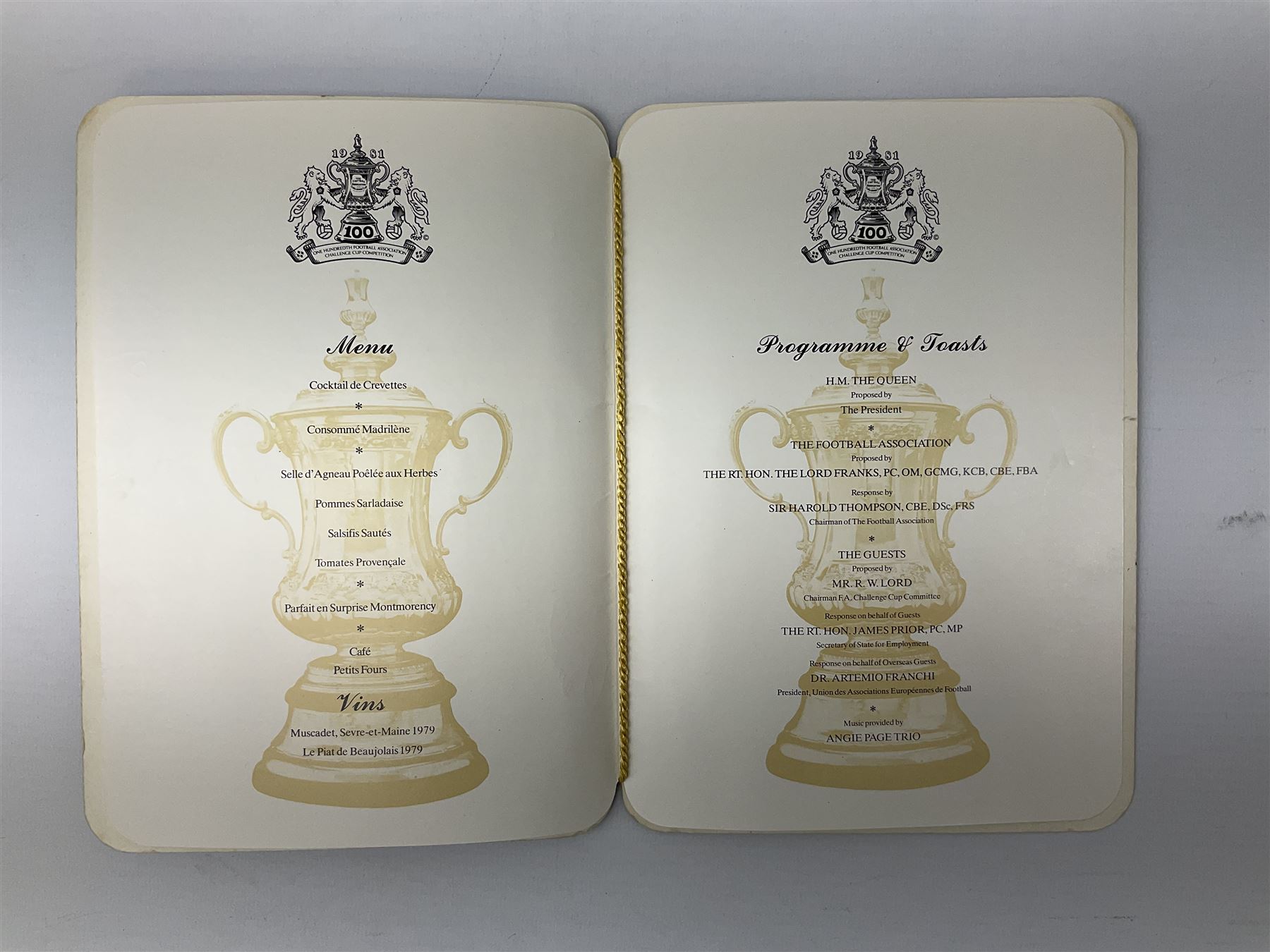 Hull City AFC 1947 presentation dinner menu/programme bearing twenty-four signatures including Bill Bly, David Davidson, Wilf Hassall, Harry Brown, Frank Buckley (Manager), Alderman Robinson Lord Major of Hull etc; and FA Cup 1981 Centenary Banquet menu/programme bearing multiple signatures including Bobby Robson, Ron Greenwood, Tom Finney, Tony Book, Frank McLintock, Bobby Kerr, Emlyn Hughes, Don Welsh, Johnny Carey etc; Provenance: By direct descent from the family of Raich Carter having been consigned by his daughter Jane Carter (2)