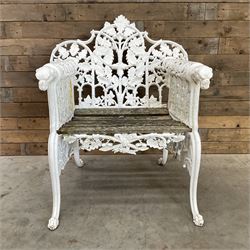 20th century Coalbrookdale design cast iron oak leaf and acorn armchair, white painted cast iron frame with slatted wooden seat, the pierced and shaped back decorated with scrolling oak branches and leafage, flanked by dog mask arm terminals over cabriole supports with paw feet
