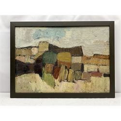 John Ellison (British 1932-2005): 'Yorkshire Landscape', oil on board, titled verso on artist's address label 'Fern Cottage, High Street, Scalby, Scarborough' 60cm x 85cm 
Notes: Ellison was a part-time lecturer within the Art Department of Scarborough Technical College in the 1960s, before moving on to become a Senior Lecturer at Guilford School of Art.