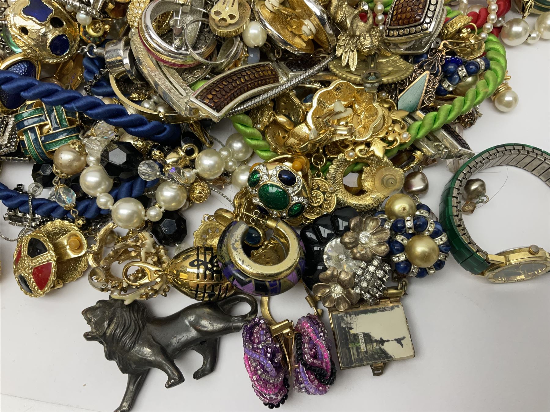 Norweigian silver enamel leaf brooch by David Andersen, together with a military issue pocket watch and a collection of costume jewellery including pair of clip on earrings by Butler & Wilson, beaded jewellery, brooches, etc