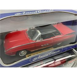 Five Anson 1:18 scale models - limited edition Cadillac Escalade 2002; Dodge Ram 3500; 1963 Ford Thunderbird; Saab 900 Turbo Cabriolet; and Ferrari Dino 246GT; all boxed (5)