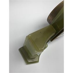 Mid to late 20th century green onyx mantel clock timepiece by 'Elliot', the square silver dial with Roman chapter ring, signed 'W. Greenwood & Sons Leeds'