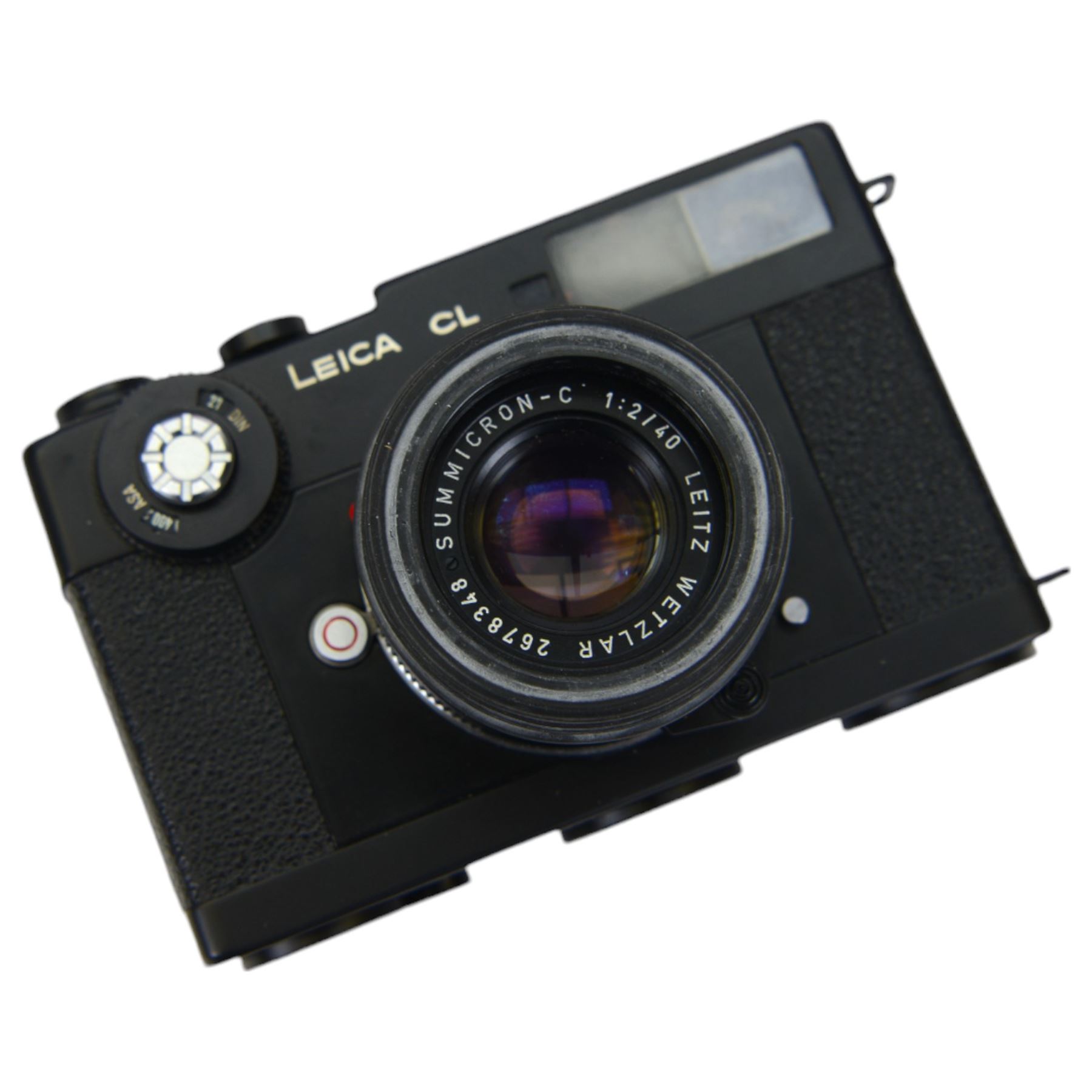 Leica CL camera body serial no. 1409019, with instruction booklet, two Leitz Wetzlar lenses to include a Summicron-C 1:2/40 lens serial no. 2678348 and an Elmar-C 1:4/90 lens serial no. 2647811, an Agfatronic 240 B flash and a Clampette, all contained within an Olympus carry case