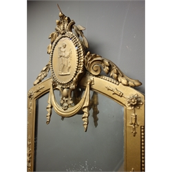  Pair of Edwardian Chippendale style giltwood & gesso Girandole mirrors, arched plates with bead and drapery cresting, two scrolled candle branches and shaped shelf with quiver and torch support, H135cm, W51cm, D20cm (2)  